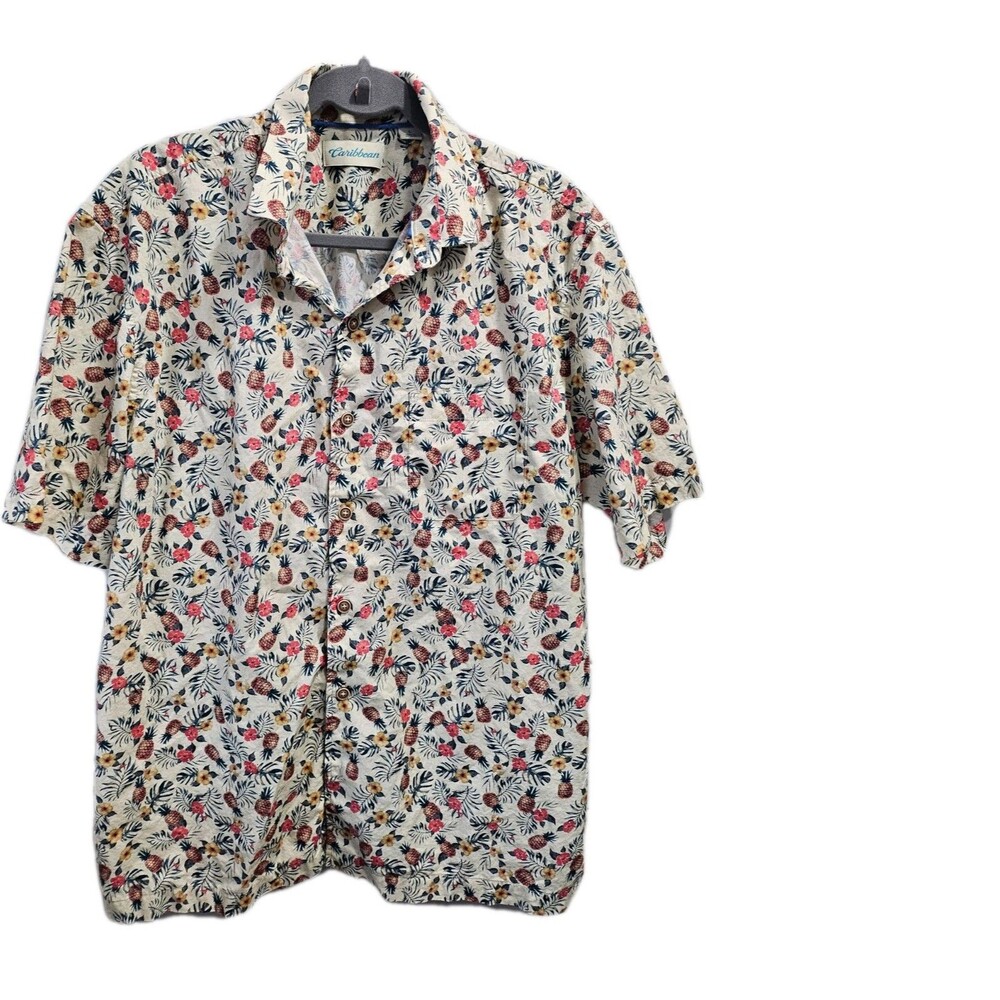 Men's Button Down  Cotton Pineapples Caribbean Style Shirt beachy cruise Sz L